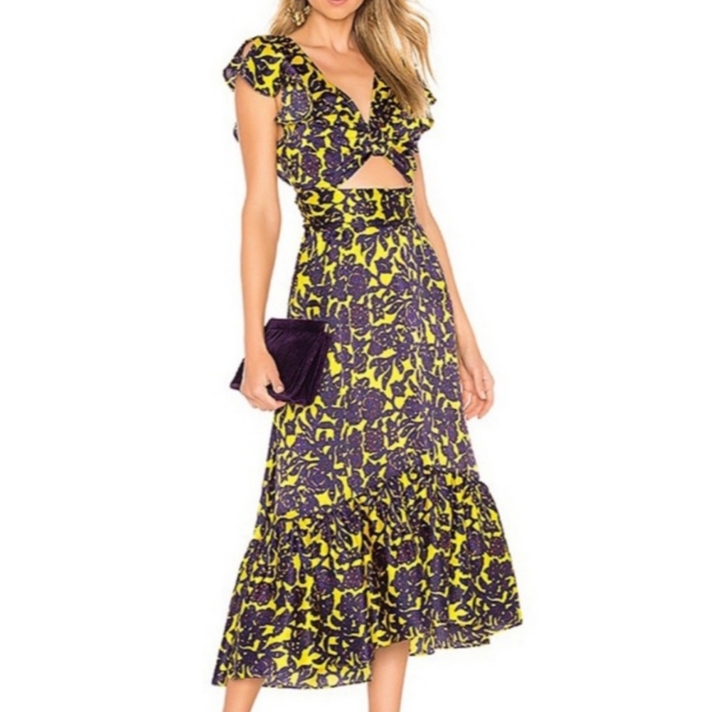 A.L.C. Yellow and Purple Floral Cutout Tiered Midi Dress